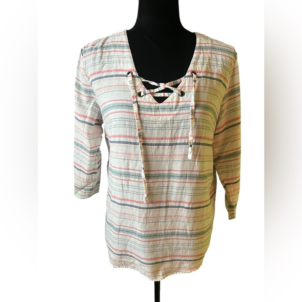 Sunday Linen Blend Top‎ Striped Lace Up V-Neck 3/4 Sleeve Womens S